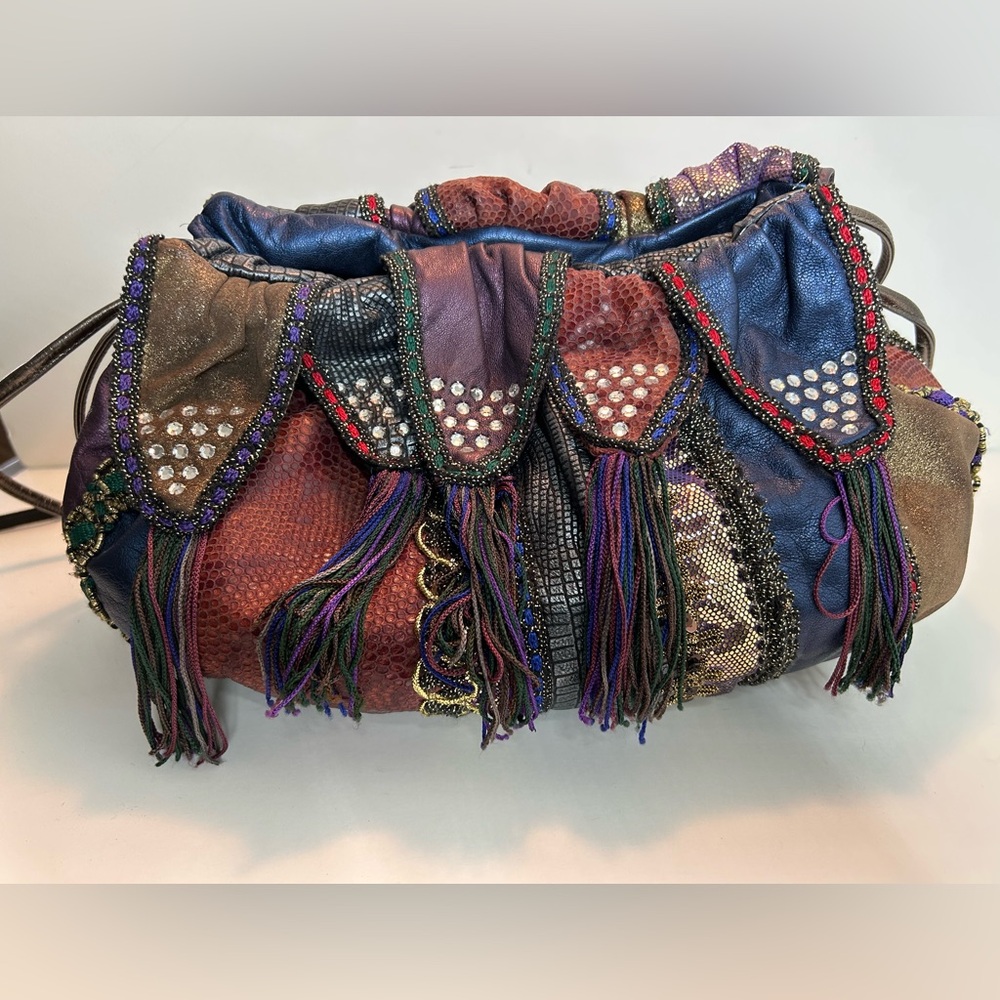 Vintage 80’s Rita Diana Mylinka Skyrocket Drawstring Leather Embellished Purse - Picture 2 of 10